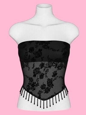 🚺 TicToc Mirabell Flocked Mesh Sequence Beaded Bandeau Top [BLACK]